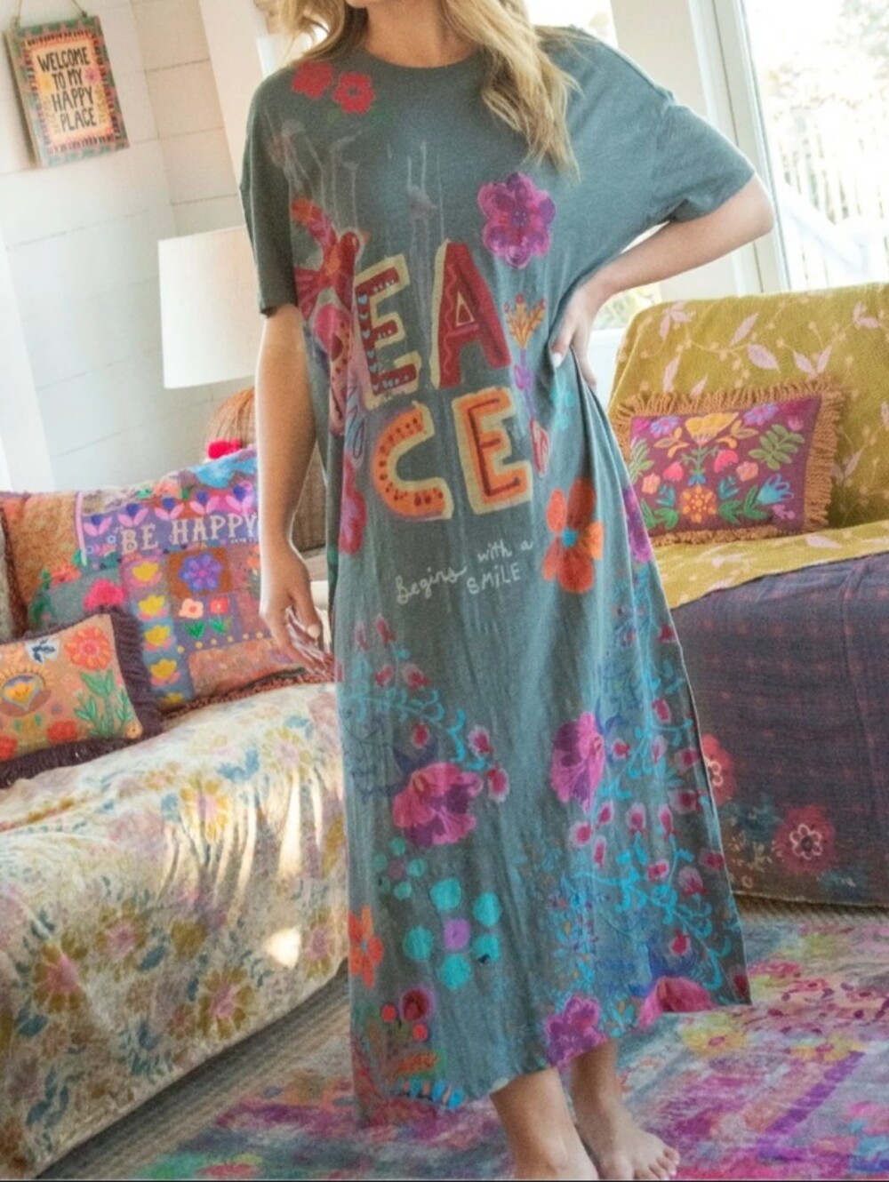 Life Is A Canvas Cotton Maxi T-Shirt Dress Natural Life Peace Floral - Picture 13 of 13